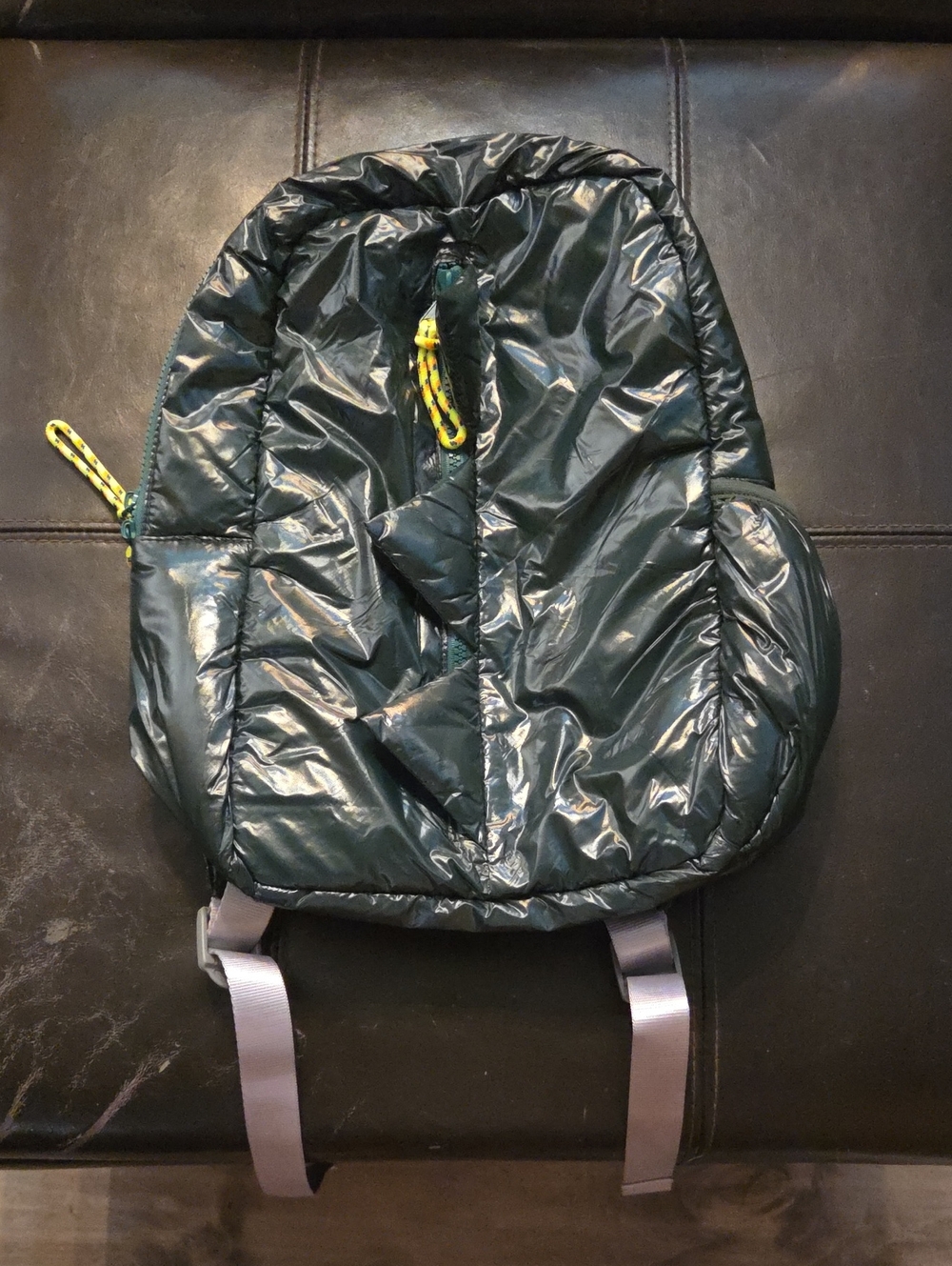 Men's Puffer Backpack in Dark Green with Yellow Accents